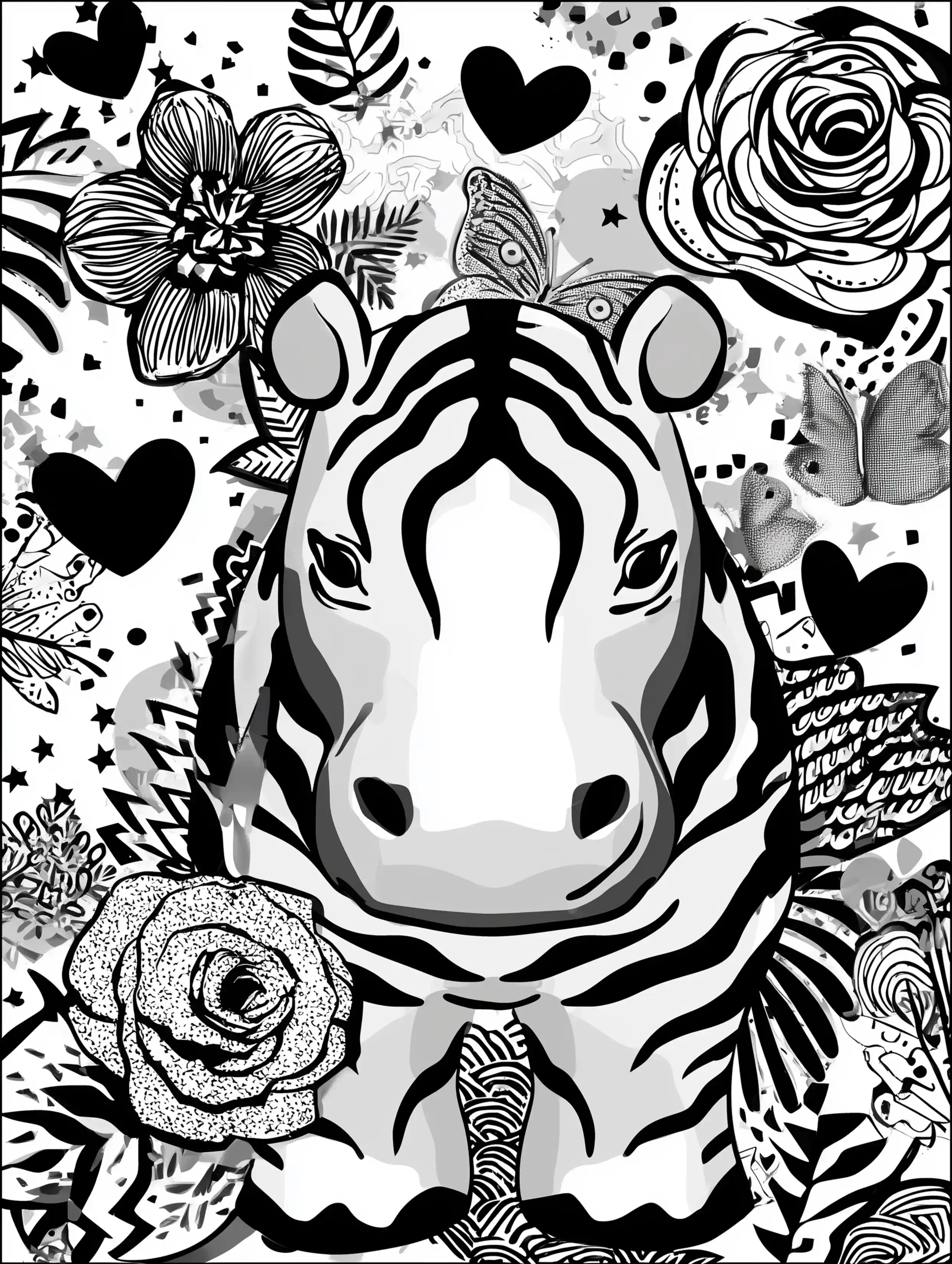 Free printable zoo coloring sheet featuring a hippo with textured details